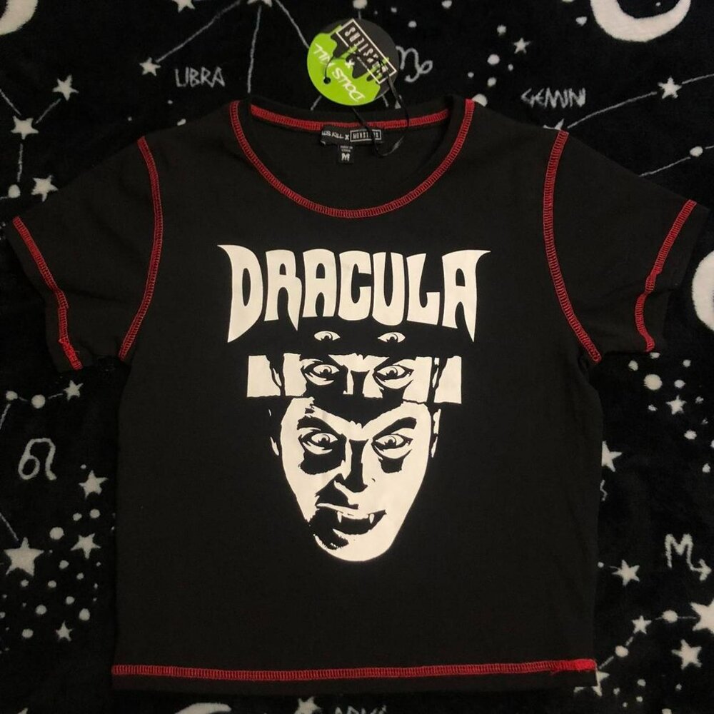 Dolls Kill Black Crop Top with White Dracula Graphic and Red Stitching